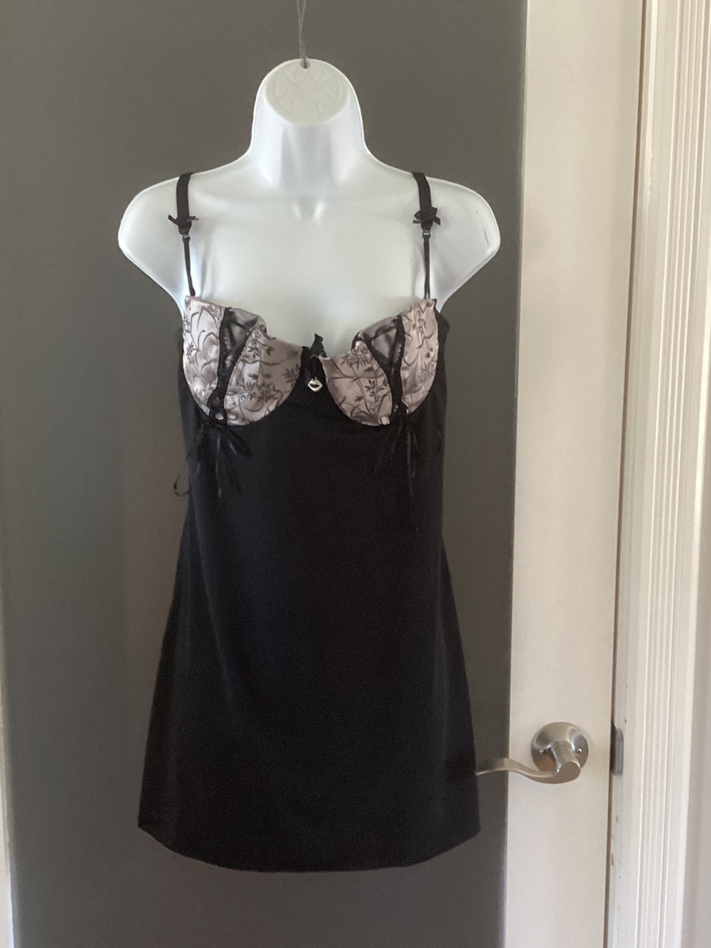 Black Satin Chemise with Cream Floral Cups and Adjustable Straps